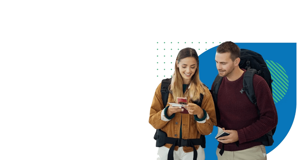 Two people with backpacks looking at a phone on a white background - EtarvelSIM hero image english