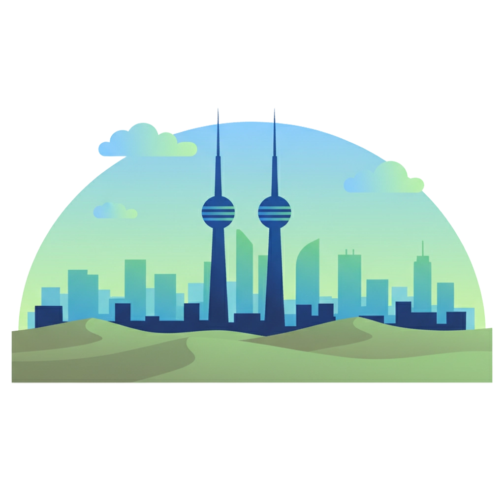 Kuwait eSIM Illustration of a city skyline with two prominent towers, surrounded by greenery and a blue sky.